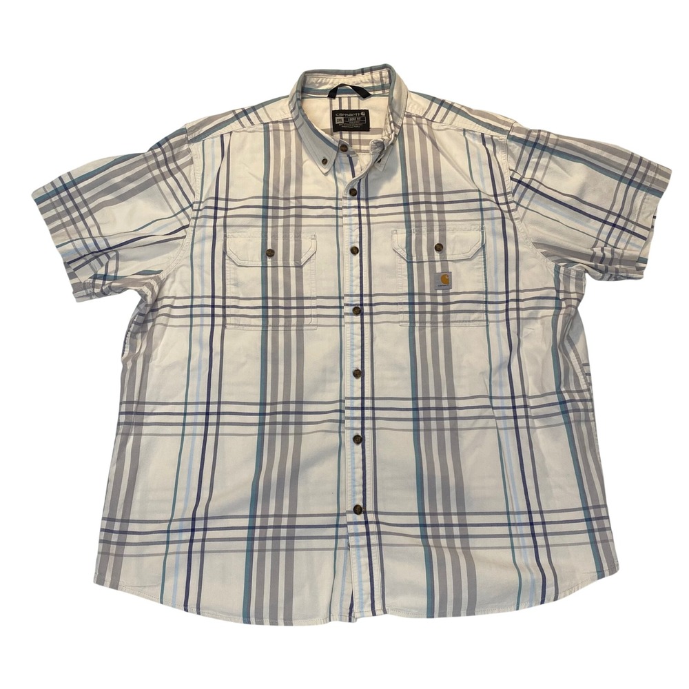 Carhartt Mens 2XL Loose Fit Short Sleeve Plaid‎ Button Down Shirt White 105175